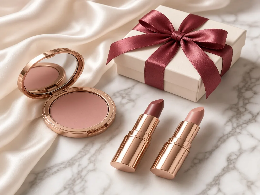 Rose-gold lipsticks, a compact and a ribbon-tied gift box on marble