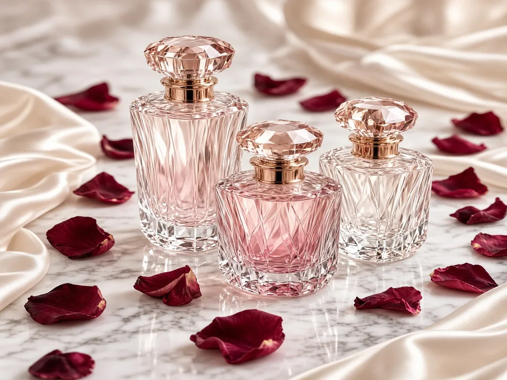 Three crystal perfume bottles in blush, amber and rose on satin and marble