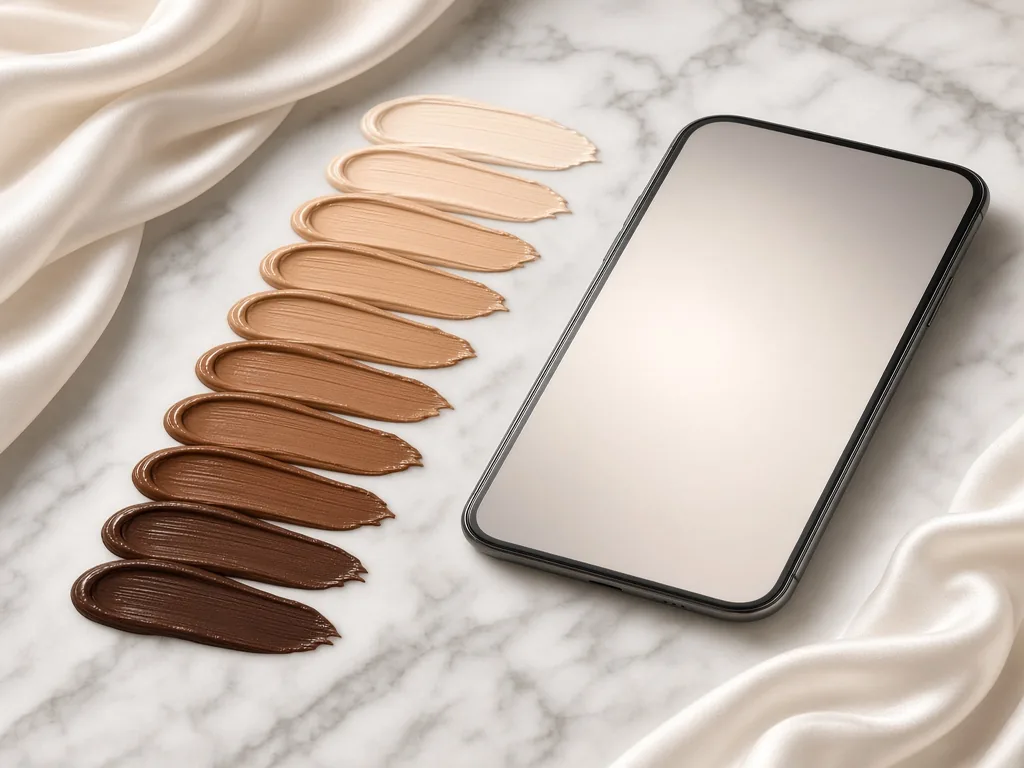 Foundation swatches from fair to deep beside a smartphone on marble
